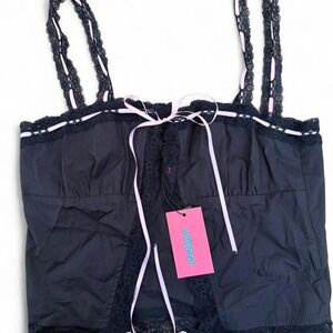 NWT Edikted Black lace trimmed top with pink ribbon detail
